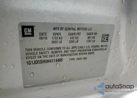 2017 Chevrolet Sonic Lt из США, поврежденный, VIN 1G1JD5SH9H4114486